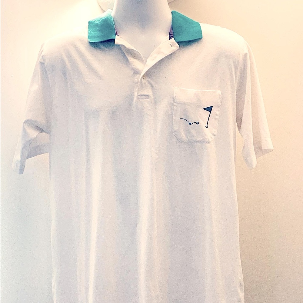 Vintage white and teal collared polo shirt with cartoon golf graphic on back